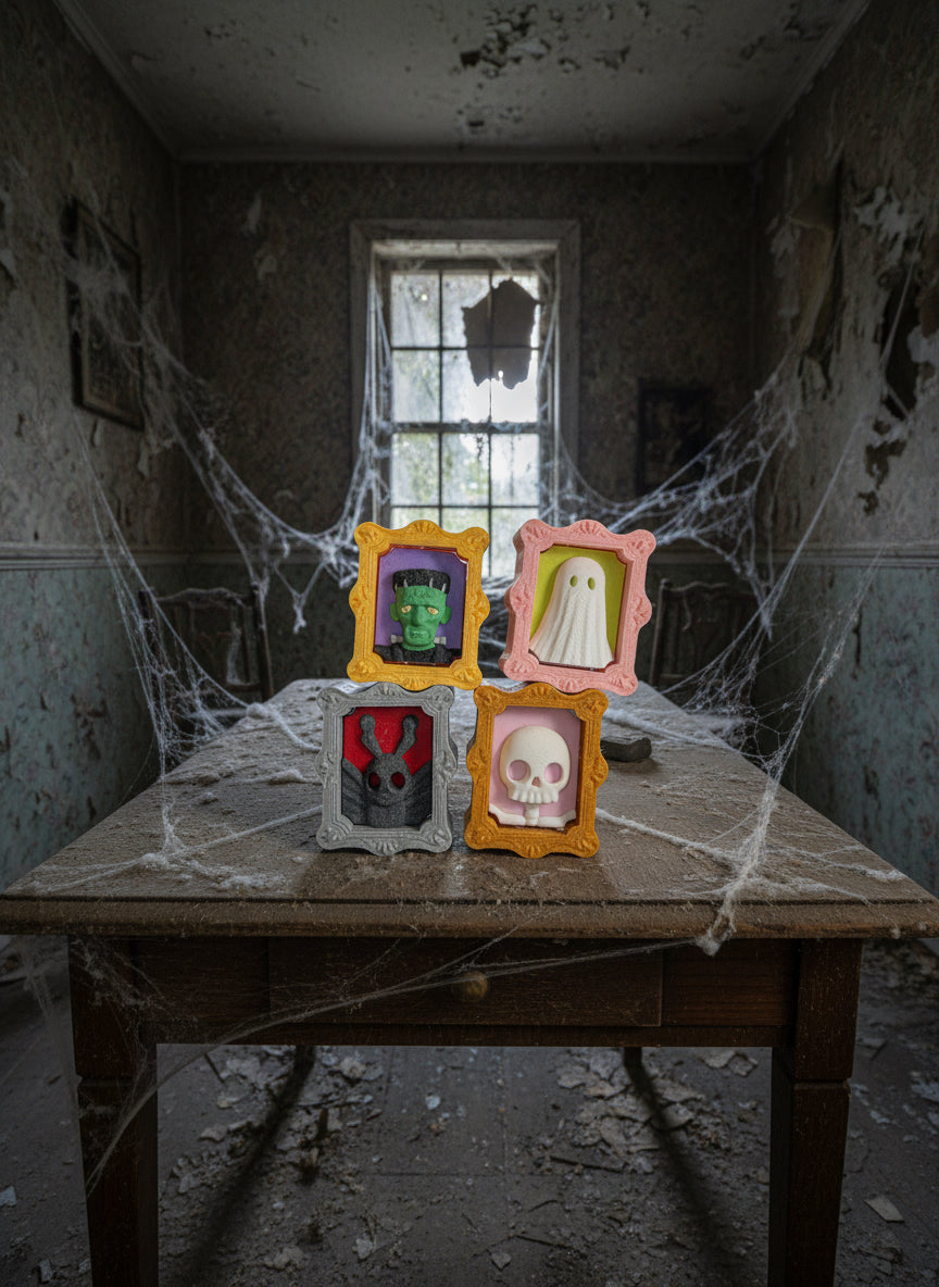 Four Halloween-themed decorative frames with cartoonish characters on a black background.