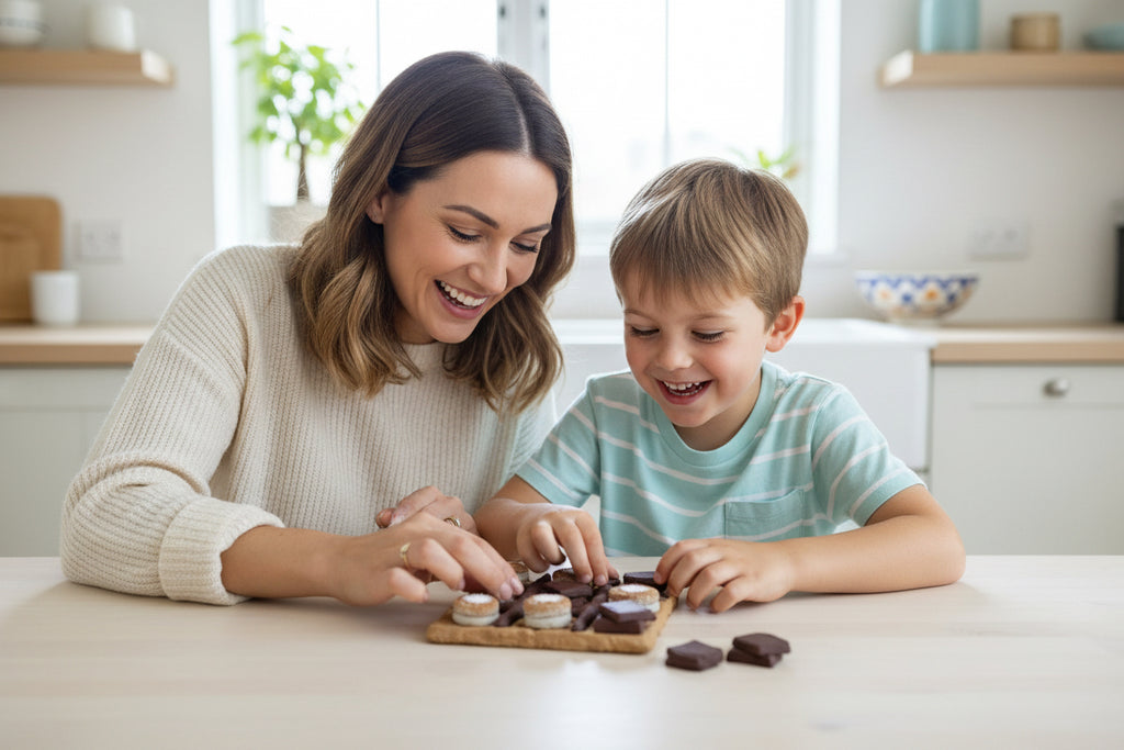 Tic-tac-toe game made with cookies and chocolate on a white background
