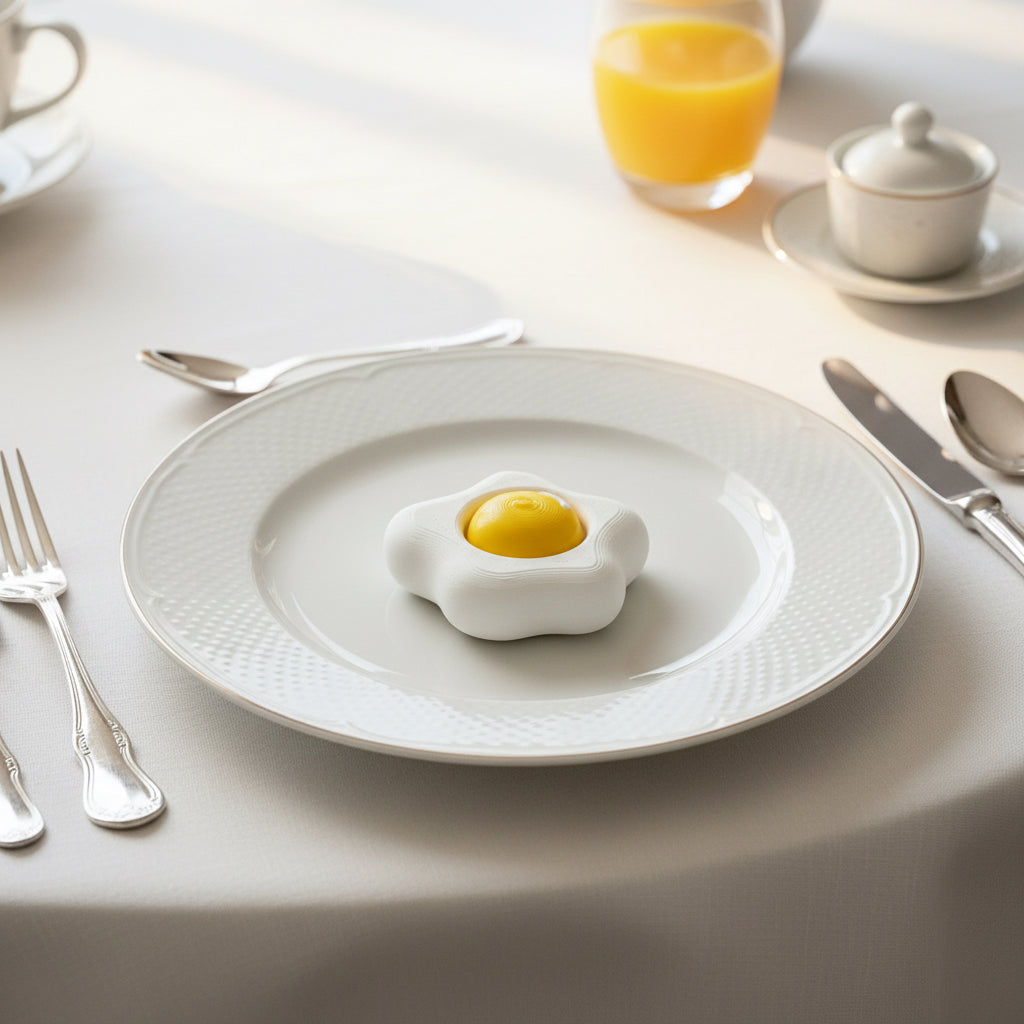 White ceramic plate with a poached egg toy on a breakfast table setting.