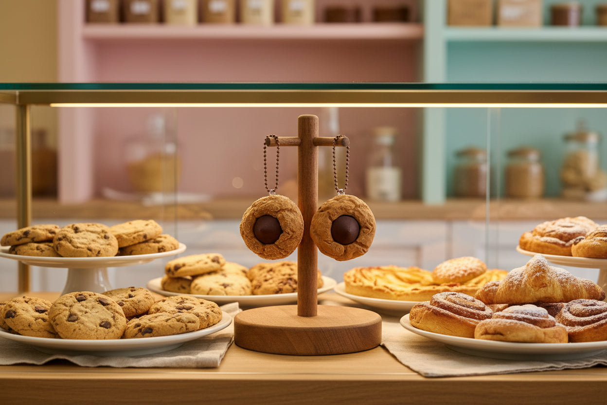 Two round, brown cookie-shaped keychains with a central dark brown circle on a light gray background.