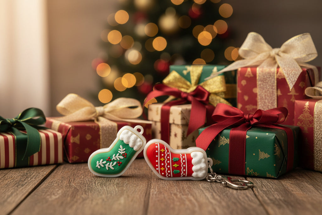 Two Christmas-themed keychains resembling mittens on a light surface with a neutral background.