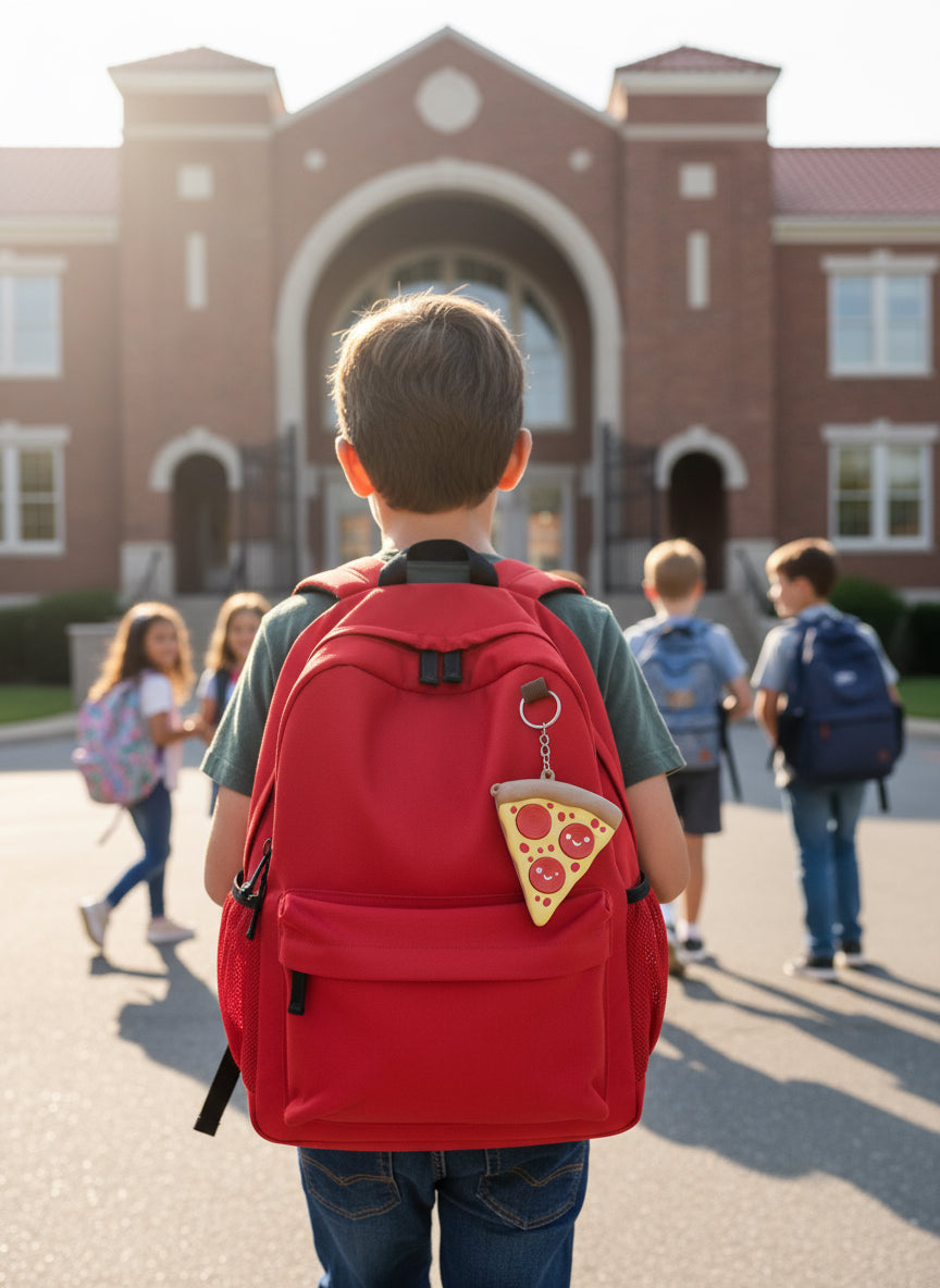 Two toy pizza slices with smiley face toppings on a white background