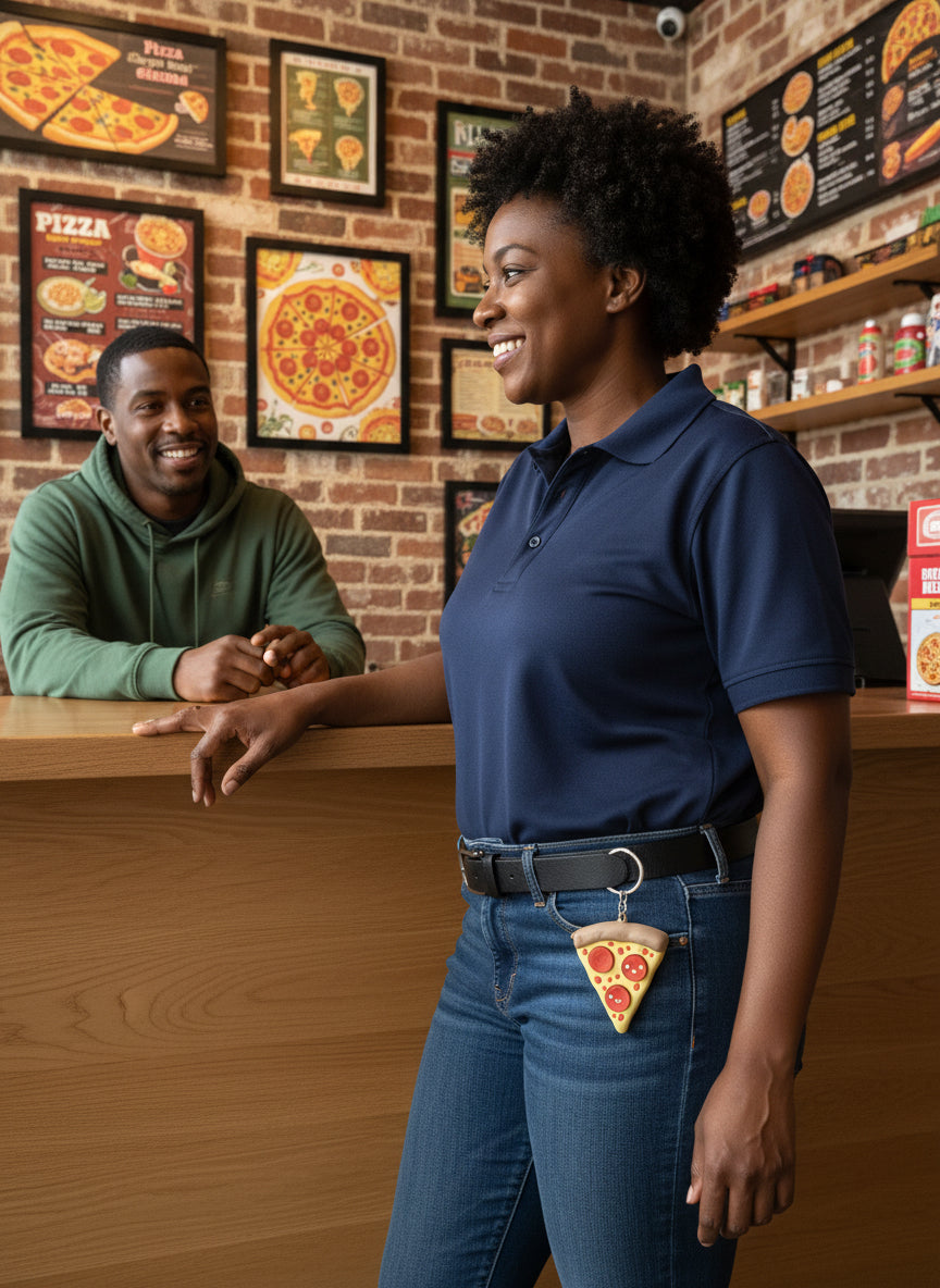 Two toy pizza slices with smiley face toppings on a white background