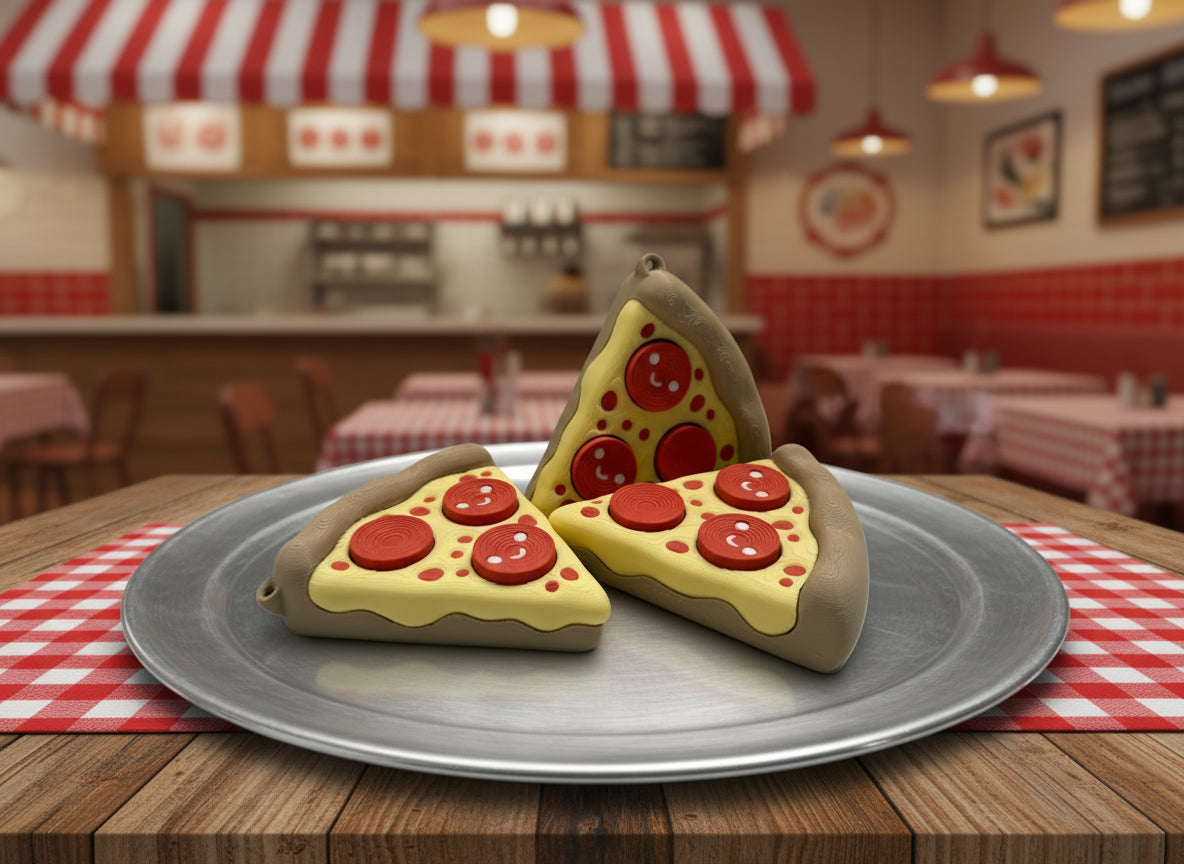 Three toy pizza slices with pepperoni on a white surface