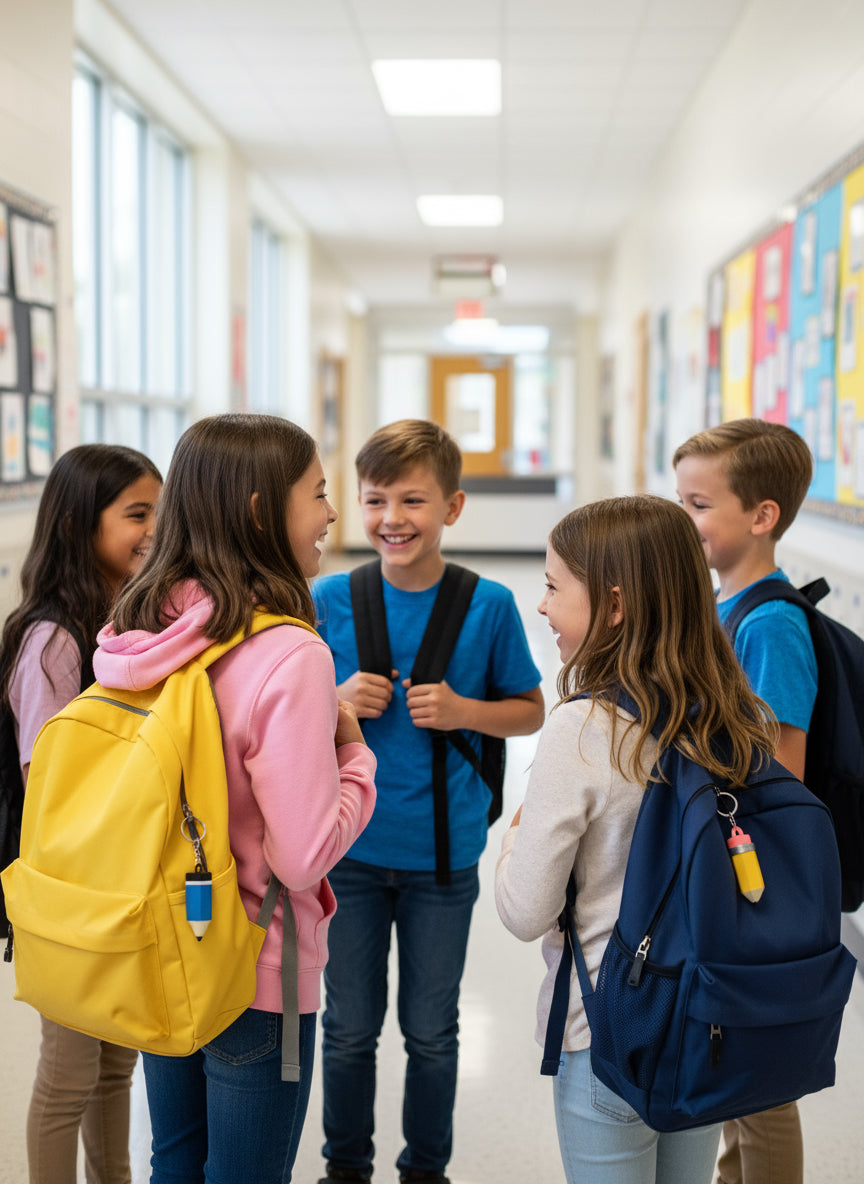 Three colorful pencil-shaped objects on a light gray background