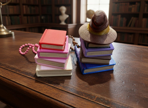 Stacks of colorful books on a wooden table with a hat on top, in a library setting.