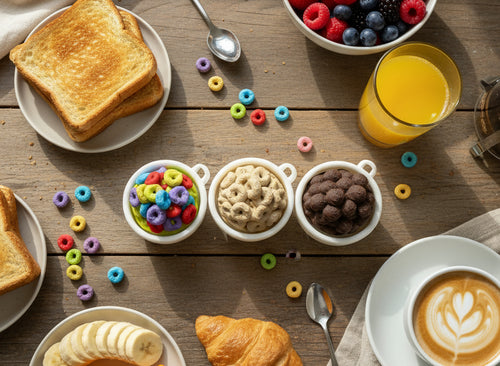 Three white bowls filled with colorful cereal loops, plain cereal, and chocolate-covered cereal on a light gray background.
